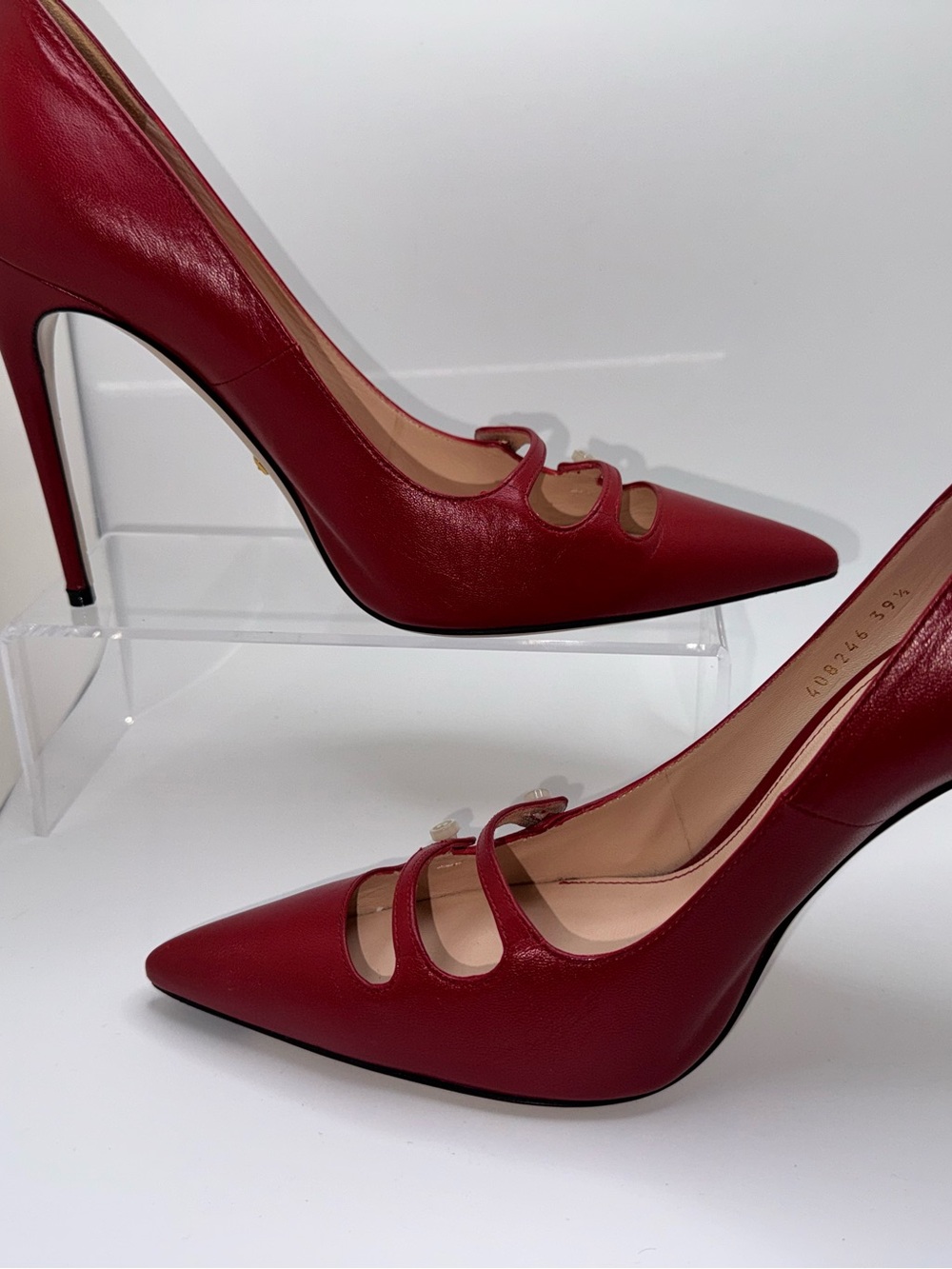 Gucci Malaga Kid Leather Double Strap Pumps Heels Red 39.5 - Picture 5 of 13